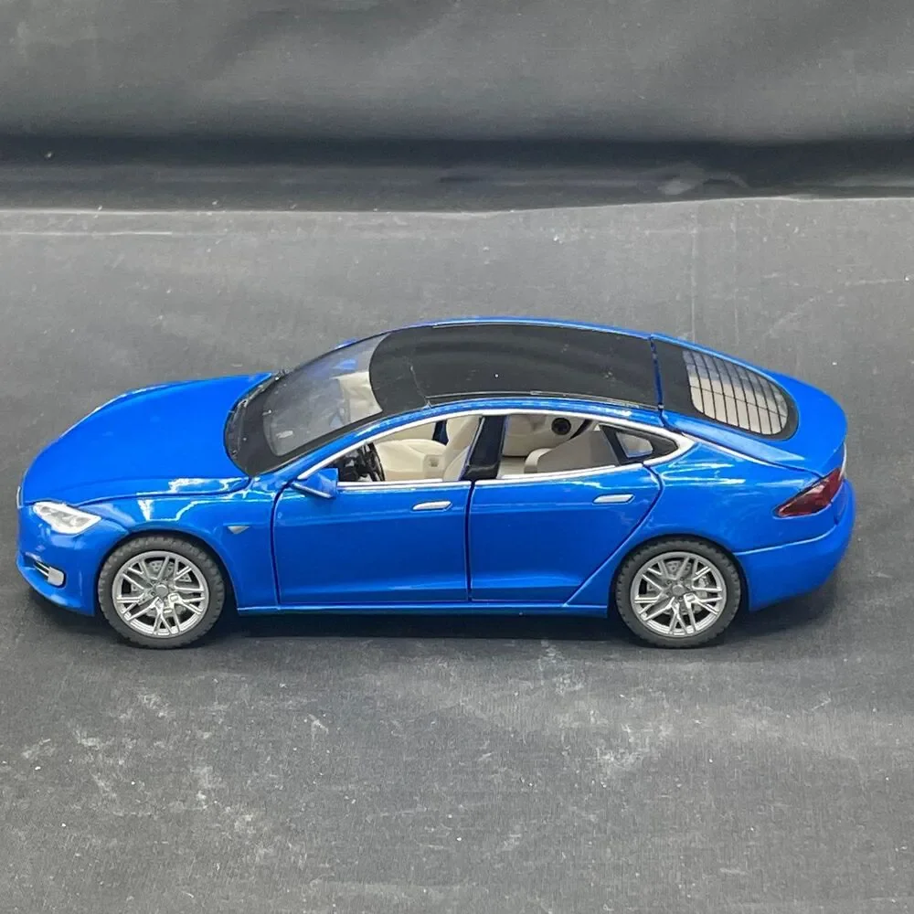 Blue Tesla Model S Diecast Toy Car Open Doors Hood Trunk Sound, Motion, & Light
